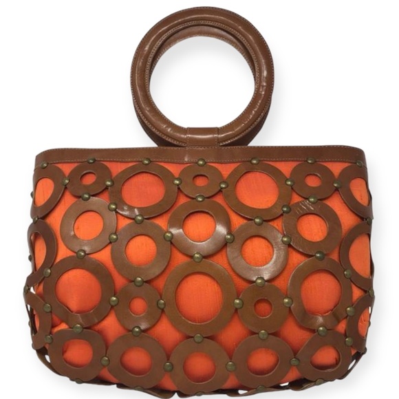 Inge Sport by Inge Christopher Large Leather and Raw Silk Orange Tote Bag - Picture 1 of 5